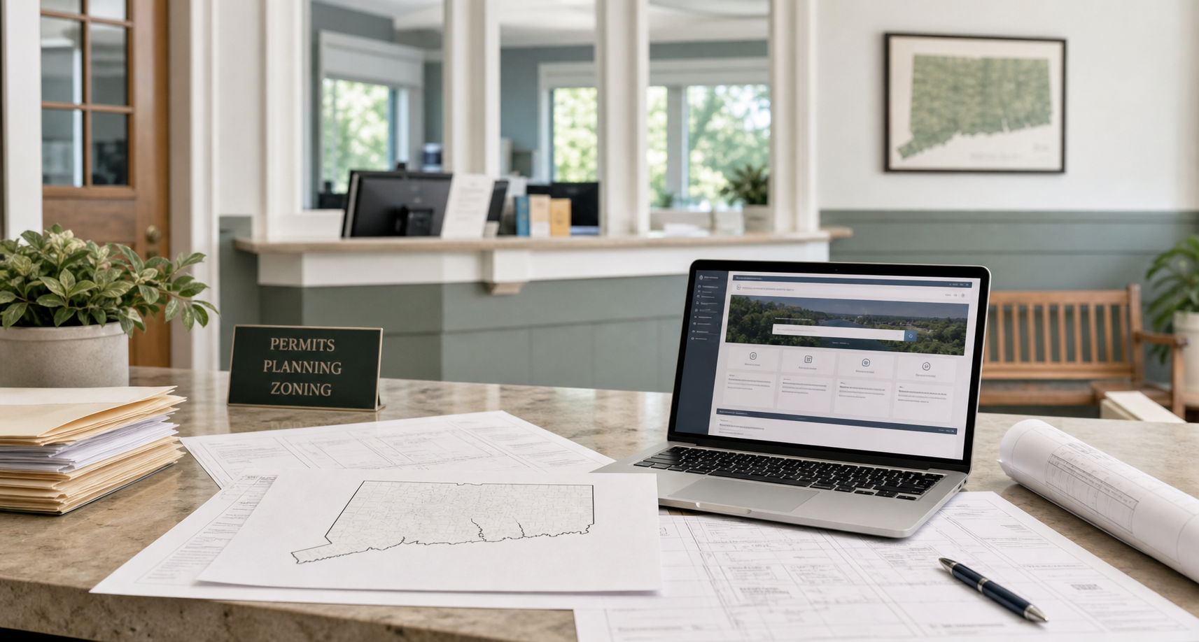 Town office counter with permit paperwork, a Connecticut map, and a laptop displaying a municipal website.